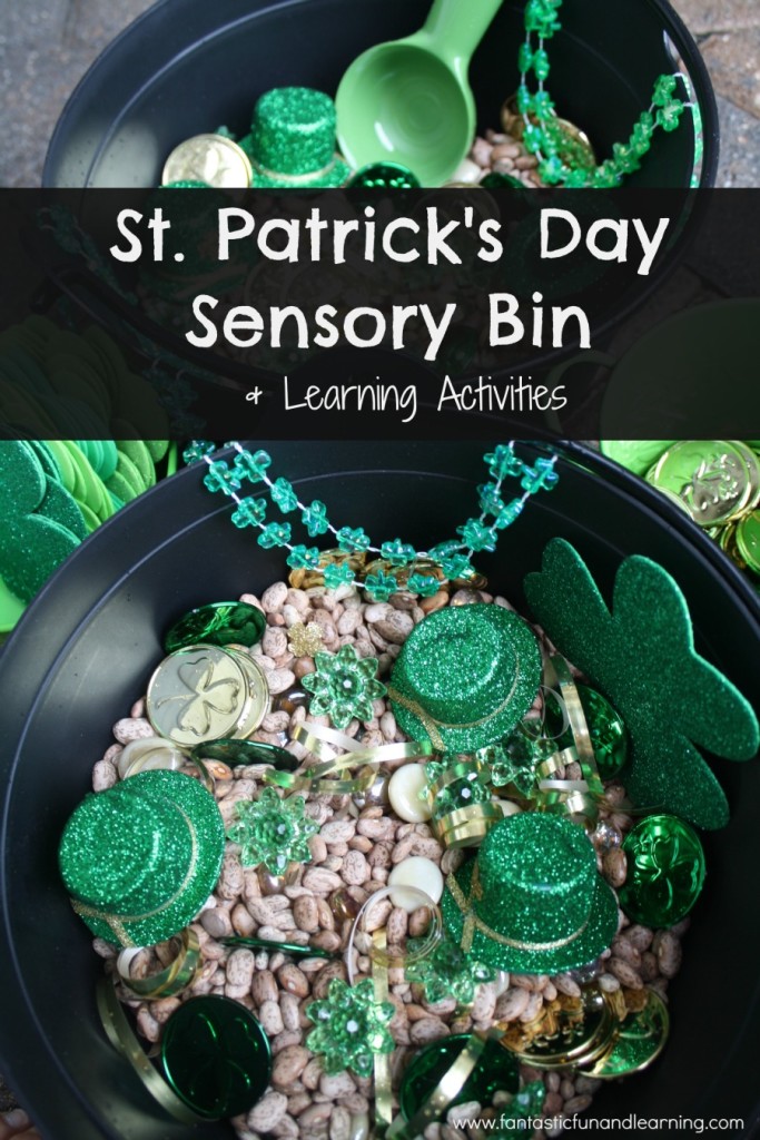 Sensory activities for St Patrick's day with a fun sensory bin with sparkly shamrocks, hats, gold coins, beans, plastic green flowers, a green scoop, green beaded necklaces, buttons, and ribbon.