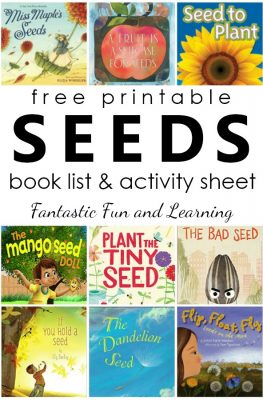 Free printable seeds book list. Fiction and nonfiction books about seeds for kids. Includes writing activity freebie #booklist #freeprintable #preschool #kindergarten