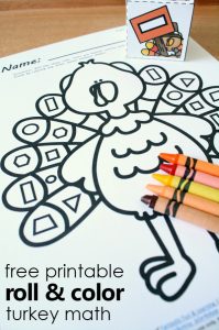 Free Printable Roll and Color Thanksgiving Turkey Shape Matching Activity. Fun Math Games for Preschool and Kindergarten!