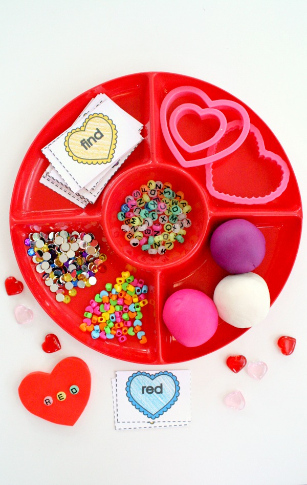Candy Heart Spelling Valentine's Day Play Dough and Free Printable Sight Word Cards