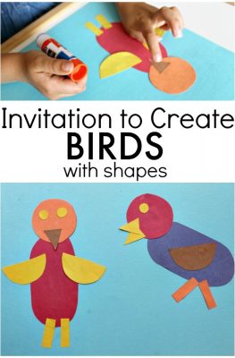 Create bird art with 2D Shapes. Help preschoolers and kindergarteners learn to create new things out of shapes with this bird theme idea
