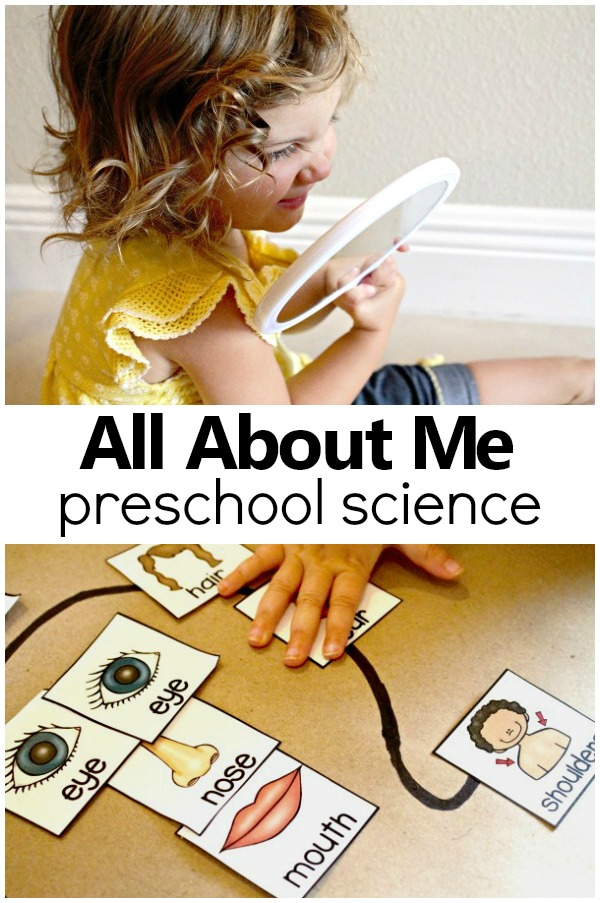 This fun all about me preschool science activity will engage your little one through literacy, science, and hands-on learning.  Check out the free printable resource too!