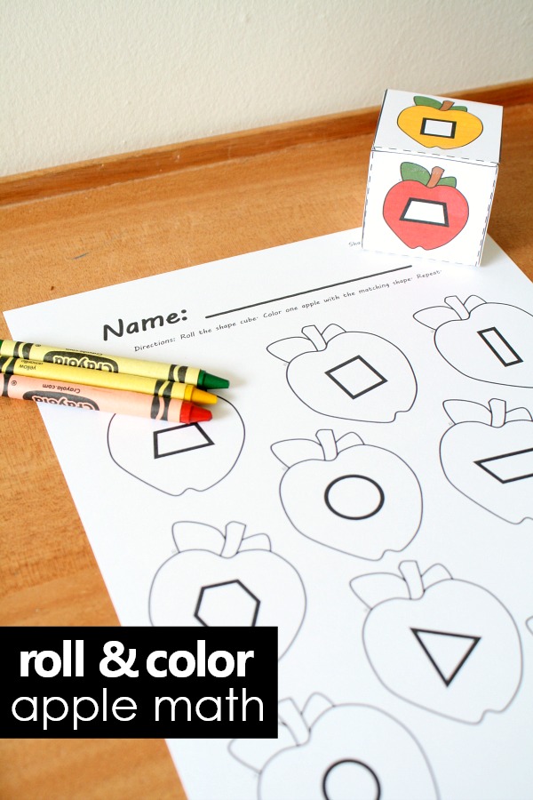 Roll and color apple math with free shapes printable for preschool and kindergarten