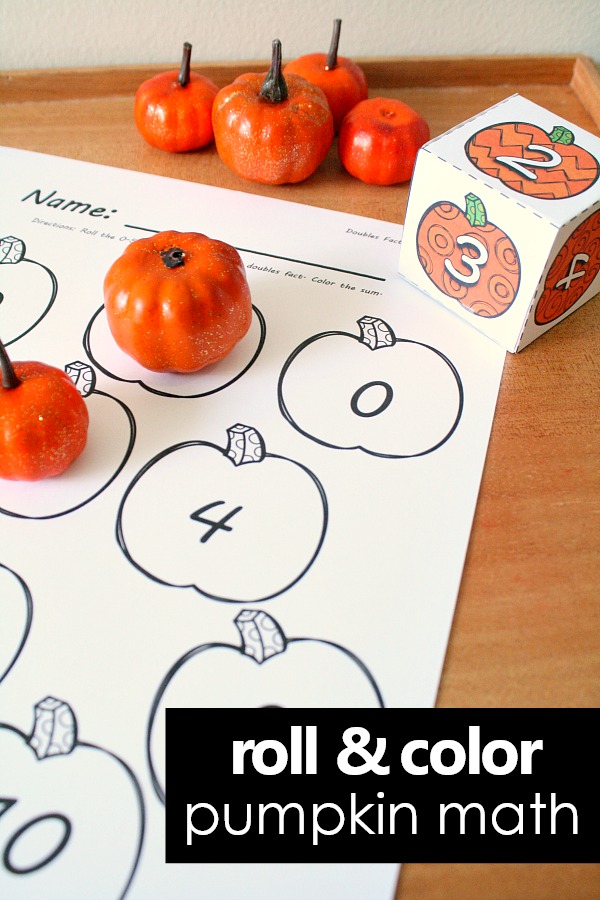 Roll and Color Pumpkin Math Activities-Free printable doubles math facts game for fall and full set of pumpkin math activities for preschool, kindergarten, and first grade