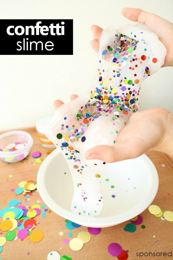 Confetti Slime for Kids-Make this confetti slime recipe for birthday party favors, New Years Celebrations or just for fun!