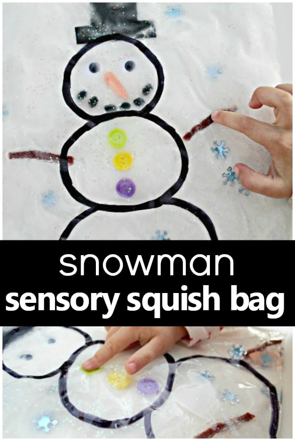 Snowman Sensory Squish Bag-Snowman theme toddler and preschool sensory play idea for winter #winteractivities #sensoryplay #preschool