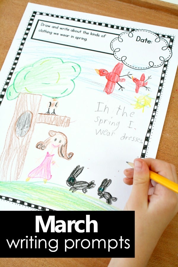 March writing journal prompts for kids. Perfect for preschool and kindergarten! #preschool #kindergarten #writingprompts