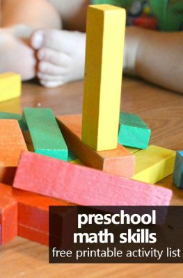 Preschool Math Skills with Free Printable Activity List of Preschool Learnin Activity Ideas for Teaching Math at Home #preschoolathome #homepreschool #homeschoolpreschool