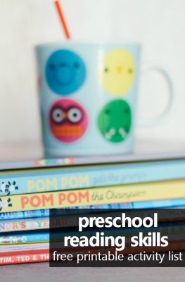 Preschool Reading Skills-Basic overview and free printable list of activity ideas for preschool reading skills #homepreschool #preschoolathome #homeschoolpreschool