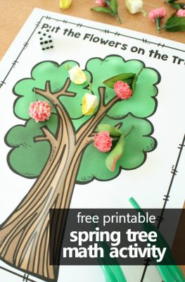 free printable spring tree math activity for preschool and kindergarten. Practice counting, addition, and subtraction as you work fine motor skills too. #preschool #kindergarten #freeprintable