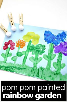 Create gorgeous spring art with these pom pom painted flowers for kids. Such a fun flower art project for kids of all ages. #flowers #artprojects #spring
