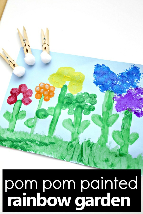 Create gorgeous spring art with these pom pom painted flowers for kids. Such a fun flower art project for kids of all ages. #flowers #artprojects #spring