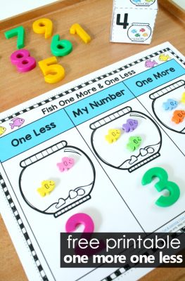 Fish One More One Less Number Sense Activity -Free printable for preschool and kindergarten #fish #preschool #kindergarten