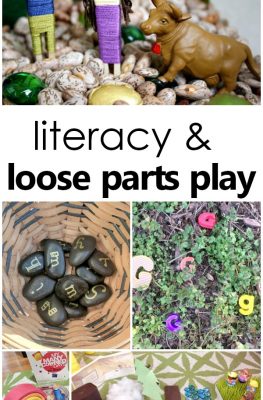 Literacy and Loose Parts Play-How to promote early learning, story retelling, letter recognition, name recognition and more through loose parts play #loosepartsplay #preschool #kindergarten #literacy