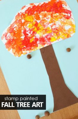 Stamped Fall Tree Craft for Kids-Painting without paintbrushes for preschool fall tree art! #fall #preschool #kidart