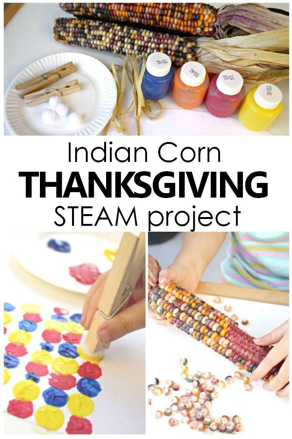 In this Indian Corn Math and Art Thanksgiving Project kids sort, create patterns, and create a beautiful Indian Corn Thanksgiving craft for kids. #thanksgiving #STEAM #preschool #kindergarten