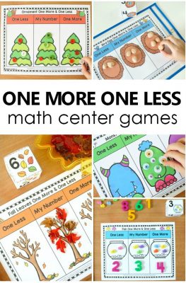 15 One More One Less Games for Preschool and Kindergarten. Themes for the entire year. Includes optional recording sheets #preschool #kindergarten #math