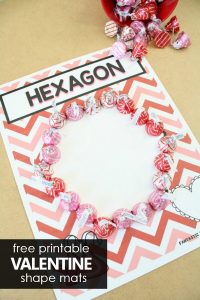 Free Printable Preschool Valentine's Day Math Activity. Making 2D shapes with chocolate kisses #preschool #valentinesday #freeprintable