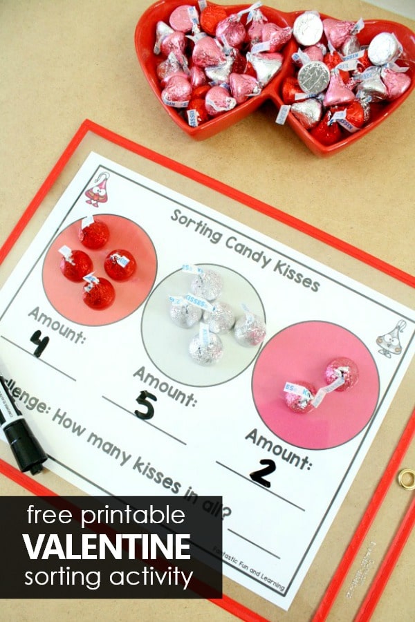 Free Printable Valentine's Day Activity-Sorting Chocolate Kisses and Adding #preschool #kindergarten #valentinesday