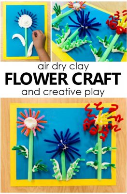 Air Dry Clay Flower Craft for Kids. Creative play art project for preschool and kindergarten. #preschool #kindergarten #kidart #artforkids #springactivities #flowertheme