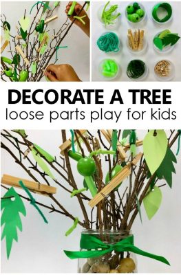 Decorate a Tree Loose Parts Play for Kids-Toddler and Preschool Collaborative Pretend Play and Art Project for Tree Theme and Spring Activities #kidart #preschool #toddler #loosepartsplay