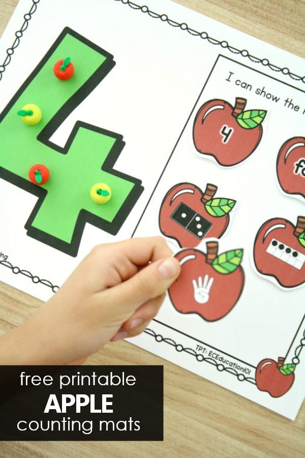 Free Printable Counting Numbers Apple Math Mats for PreK and Kindergarten #preschool #kindergarten #math #freeprintable #freebie #appletheme