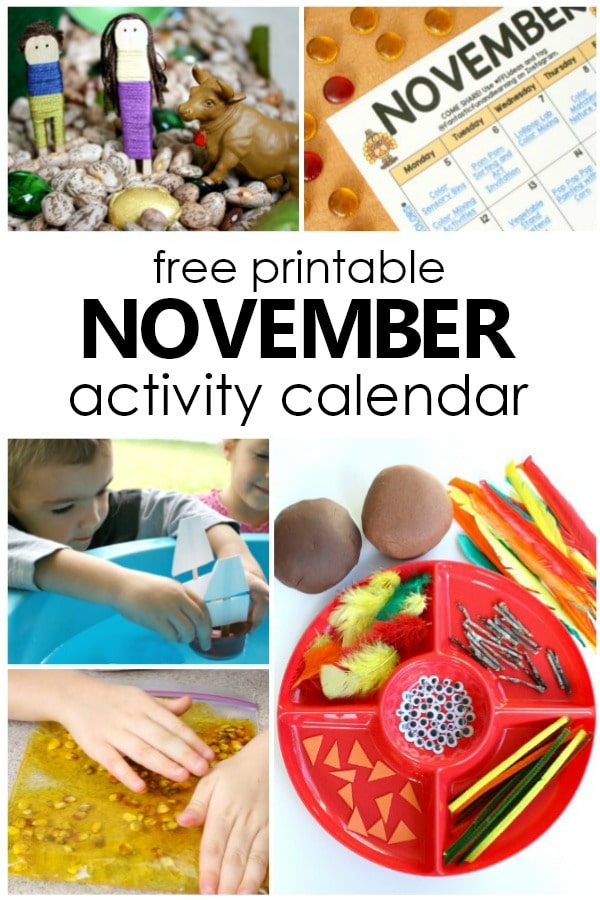 Free Printable November Activity Calendar with Fun Things to Do with Kids. Playful learning activities for preschoolers #preschool #kidsactivities #thanksgiving #freeprintable