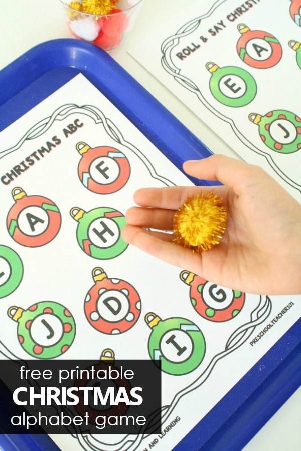 Free Printable Roll and Say Christmas ABC Game-Winter alphabet activity for preschool holiday, winter, or Christmas theme #freeprintable #preschool #alphabet