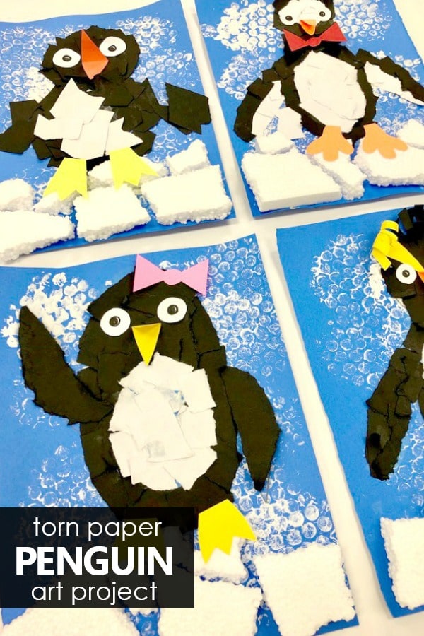 Torn paper penguin craft. Winter art project for kids