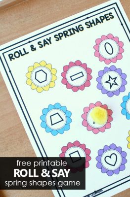 Free printable roll and say spring shapes game. 2D shape activity for preschool and kindergarten