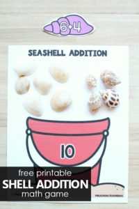Free printable seashell addition math game and math center activity for preschool kindergarten or first grade