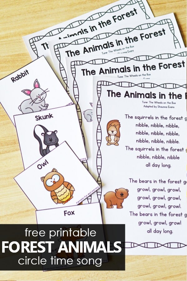 Free printable Forest Animals Preschool Song for Circle Time. Movement song for prekindergarten.