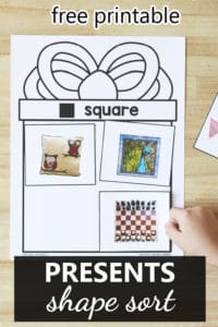 Free printable 2D shape sorting activity for preschool and kindergarten. Christmas or birthday theme activity ideas for kids