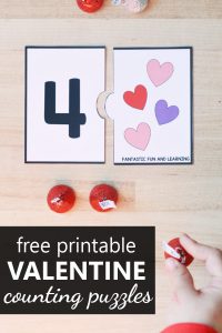 Free printable Valentine's Heart Counting Puzzles for Numbers 10 to 20. Preschool and Kindergarten Valentine's Day Math Center Activity.