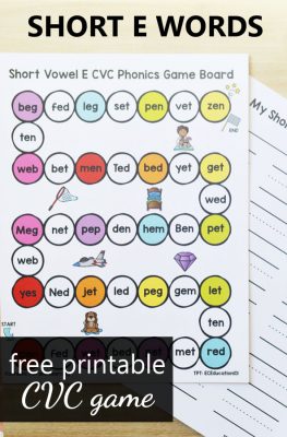 Free Printable CVC Game for Short E Words. Practice short e words in kindergarten and first grade.