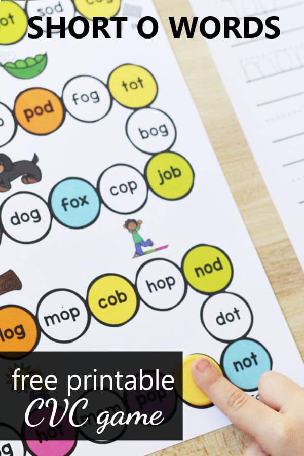 Free printable short o cvc board game for preschool and kindergarten phonics.