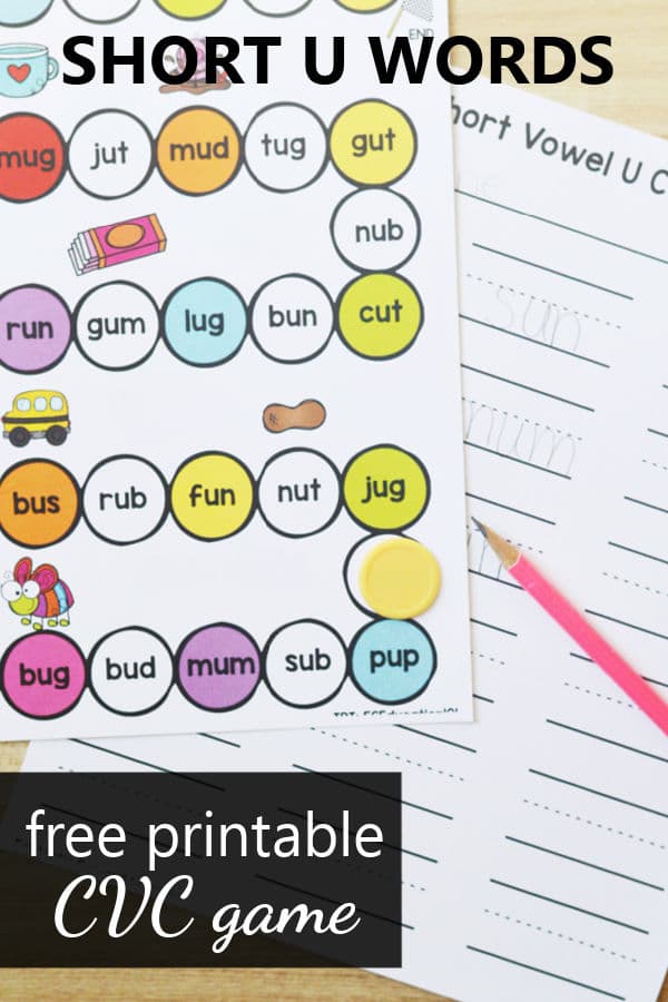 Free printable CVC game for short U words. Kindergarten and First Grade phonics practice