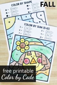 Free Printable Fall Color by Code Math Worksheets and Autumn Activities for PreK and Kindergarten