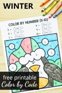 Free Printable Winter Color by Code Math Worksheets for PreK and Kindergarten