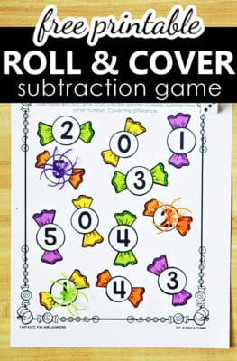 Free Printable Roll and Cover Subtraction Game Halloween Math Center Activity for Kindergarten and First Grade copy