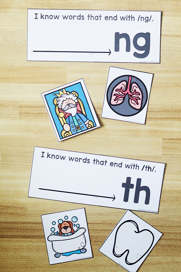 Free printable phonemic awareness activity-ending digraph picture sort for kindergarten