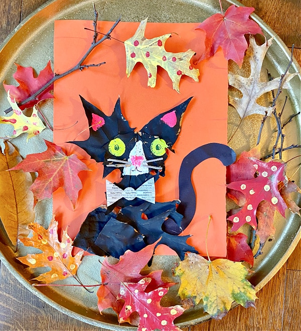 Black Cat Painted Leaf Art Project for Kids