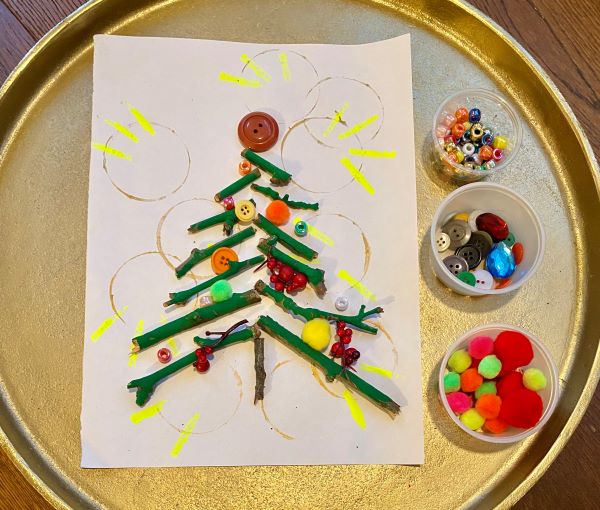 Finished Loose Parts Christmas Tree Art Project for Kids