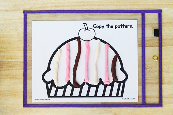 Making patterns with ice cream fine motor mats for prek and kindergarten