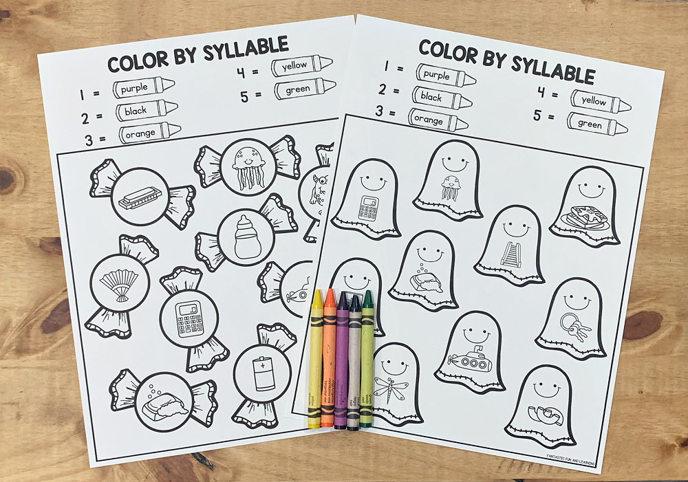 Free Printable Color by Syllable Halloween Literacy Worksheet
