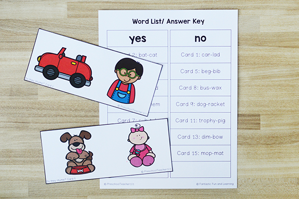 Answer Sheet for Rhyming Game