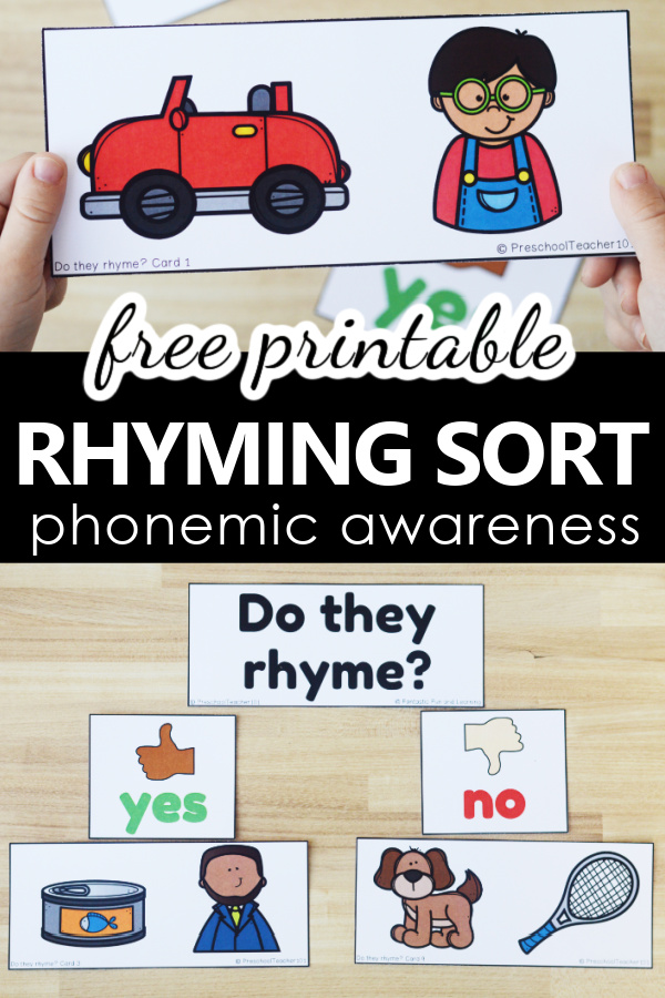 Free Printable Rhyming Phonemic Awareness Literacy Center for PreK and K-Rhyming Sort