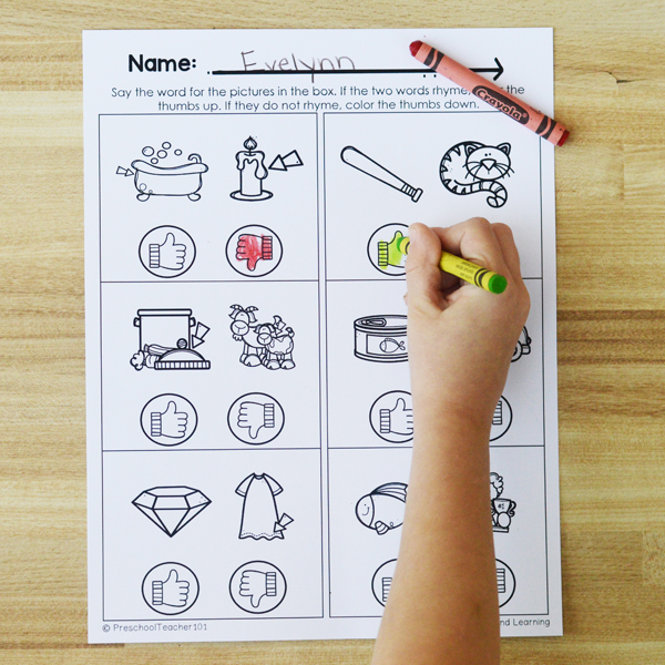 Free printable rhyming worksheet to go with rhyming literacy center activity
