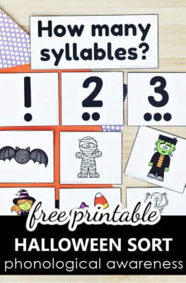 Free Printable Halloween Phonological Awareness Literacy Center for PreK and K-Syllable Sort