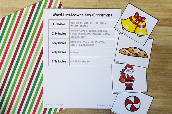 Answer Key for Syllable Sort Christmas Activity for PreK and Kindergarten